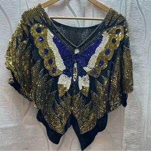 Europeen Stunning Butterfly Sequin Beaded Cape Top Blouse Black Gold Purple